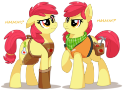 Size: 1980x1440 | Tagged: safe, artist:itstaylor-made, apple bloom, earth pony, pony, g4, alternate cutie mark, apron, clothes, dual persona, female, hammer, looking at each other, mare, neckerchief, older, older apple bloom, toolbelt, vest