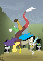 Size: 682x957 | Tagged: safe, artist:xarazura, discord, g4, canterlot hedge maze, evil smile, floating, looking at you, male, solo