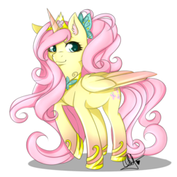 Size: 1000x998 | Tagged: safe, artist:pillonchou, fluttershy, alicorn, pony, g4, :3, alicorn princess, alicornified, alternate hairstyle, art, element of kindness, female, fluttercorn, large wings, princess, race swap, raised hoof, signature, simple background, solo, transparent background