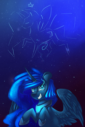 Size: 1599x2393 | Tagged: safe, artist:snowsky-s, princess luna, alicorn, pony, g4, constellation, female, grin, solo, spread wings, stars