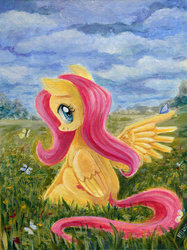 Size: 550x734 | Tagged: safe, artist:maytee, fluttershy, butterfly, pegasus, pony, g4, female, flower, looking at you, looking back, mare, meadow, one wing out, outdoors, sitting, sitting on wing, smiling, solo, traditional art, wings