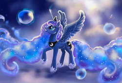 Size: 1900x1300 | Tagged: safe, artist:egretink, princess luna, g4, bubble, dream walker luna, dreamscape, female, grin, long mane, long tail, smiling, solo, spread wings