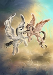 Size: 3100x4400 | Tagged: safe, artist:egretink, oc, oc only, pegasus, pony, cloud, couple, female, flying, male, straight