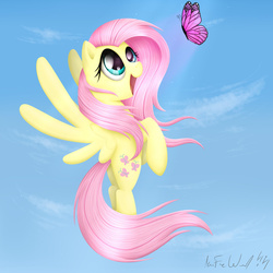Size: 1024x1022 | Tagged: safe, artist:wavecipher, fluttershy, butterfly, pegasus, pony, g4, female, flying, happy, smiling, solo, windswept mane