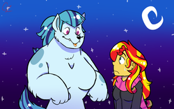 Size: 1024x640 | Tagged: dead source, safe, artist:hateful-minds, sonata dusk, sunset shimmer, dog, werewolf, anthro, fanfic:sunset shimmer and the big blue wolf, equestria girls, g4, :p, breasts, busty sonata dusk, clothes, crescent moon, dogified, drool, fanfic, fanfic art, female, frown, height difference, lesbian, night, puppy, scarf, ship:sunata, shipping, size difference, sky, smiling, species swap, stars, sweat, sweatdrop, tongue out, weredog, wide eyes