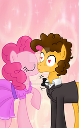 Size: 600x960 | Tagged: safe, artist:kunoichipikachu, cheese sandwich, pinkie pie, earth pony, pony, g4, abstract background, bowtie, clothes, dress, female, kissing, love, male, mare, ship:cheesepie, shipping, stallion, straight, watermark