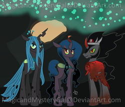 Size: 1000x860 | Tagged: safe, artist:magicandmysterygal, king sombra, queen chrysalis, oc, oc:umbriel, hybrid, g4, female, interspecies offspring, male, offspring, parent:king sombra, parent:queen chrysalis, parents:chrysombra, ship:chrysombra, shipping, straight