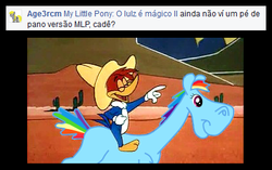 Size: 410x257 | Tagged: safe, rainbow dash, bird, earth pony, pony, woodpecker, g4, 1000 years in photoshop, brazil, hat, male, portuguese, riding, rule 85, sugarfoot, walter lantz, woody woodpecker, woody woodpecker (series), woody woodpecker riding rainbow dash