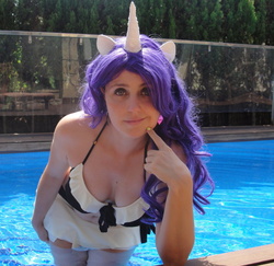 Size: 1024x995 | Tagged: safe, artist:mikanchan, rarity, human, g4, bikini, cleavage, clothes, cosplay, costume, female, irl, irl human, photo, solo, swimming pool, swimsuit