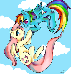 Size: 500x519 | Tagged: safe, artist:3mo-art, fluttershy, rainbow dash, g4, flying