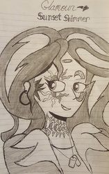 Size: 2760x4390 | Tagged: safe, artist:missmayaleanne, sunset shimmer, human, equestria girls, g4, cutie mark, female, grayscale, lined paper, monochrome, solo, text, traditional art