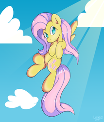 Size: 900x1050 | Tagged: safe, artist:leslers, fluttershy, g4, cloud, crepuscular rays, female, flying, looking at you, solo