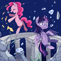 Size: 800x800 | Tagged: safe, artist:小鴉, pinkie pie, twilight sparkle, alicorn, fish, pony, g4, female, mare, missing cutie mark, pixiv, twilight sparkle (alicorn), underwater