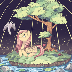 Size: 900x900 | Tagged: safe, artist:小鴉, fluttershy, bird, g4, cage, female, looking up, prone, solo, tree, water