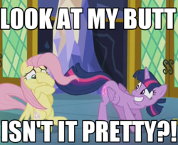 Size: 783x639 | Tagged: safe, edit, edited screencap, screencap, fluttershy, twilight sparkle, alicorn, pegasus, pony, g4, the hooffields and mccolts, caption, cowering, female, image macro, look at my butt, mare, meme, text, twilight sparkle (alicorn)