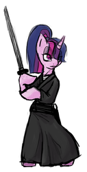 Size: 379x747 | Tagged: safe, artist:magello, twilight sparkle, pony, g4, alternate hairstyle, bipedal, clothes, colored, female, katana, samurai, solo, sword, weapon