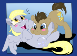 Size: 1280x933 | Tagged: safe, artist:chaoskomori, artist:krazykari, derpy hooves, doctor whooves, time turner, pony, g4, collaboration, colored, cute, derpabetes, doctorbetes, laughing, lol, male, raspberry, stallion, tickling, tummy buzz