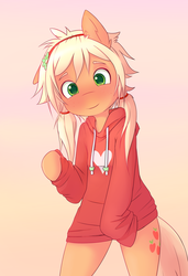 Size: 1200x1750 | Tagged: safe, artist:hoodie, applejack, earth pony, pony, semi-anthro, g4, alternate hairstyle, bipedal, blushing, clothes, cute, female, gradient background, hairband, hoodie, jackabetes, pigtails, solo, twintails