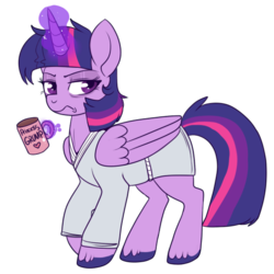Size: 550x550 | Tagged: safe, artist:lulubell, twilight sparkle, alicorn, pony, g4, clothes, coffee, female, food, grumpy twilight, mare, messy mane, morning ponies, robe, simple background, solo, transparent background, twilight sparkle (alicorn), twilight sparkle is not amused, unamused