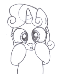 Size: 1250x1480 | Tagged: safe, artist:an-tonio, sweetie belle, pony, unicorn, g4, :p, cute, diasweetes, female, horn, monochrome, silly, silly face, silly pony, solo, squishy cheeks, tongue out, traditional art