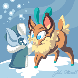 Size: 900x900 | Tagged: safe, artist:julie cotterell, velvet (tfh), deer, fawn, reindeer, winter sprite, them's fightin' herds, boop, community related, duo, signature, younger