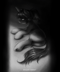 Size: 595x716 | Tagged: safe, artist:ventious, oc, oc only, oc:lumi, pony, unicorn, animated, butt, diary of lumi, grayscale, monochrome, on side, partial color, plot, solo, static