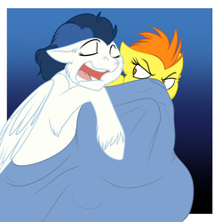 Size: 1280x1280 | Tagged: safe, artist:foxenawolf, blaze, high winds, pegasus, pony, fanfic:piercing the heavens, g4, blanket, commission, fanfic art, non-consensual cuddling, unshorn fetlocks, wonderbolts