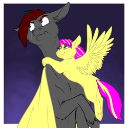 Size: 1280x1280 | Tagged: safe, artist:foxenawolf, oc, oc only, oc:little star, oc:squall, fanfic:piercing the heavens, blanket, commission, fanfic art, hug, looking away, scar, size difference, unshorn fetlocks, wonderbolts