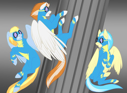 Size: 1278x930 | Tagged: safe, artist:foxenawolf, fire streak, lightning streak, misty fly, fanfic:piercing the heavens, g4, commission, fanfic art, goggles, wonderbolts, wonderbolts uniform