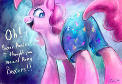 Size: 1200x830 | Tagged: safe, artist:tsitra360, pinkie pie, g4, 30 minute art challenge, airbrush, boxers, clothes, female, looking back, my little art challenge, open mouth, signature, solo, talking, text, underwear