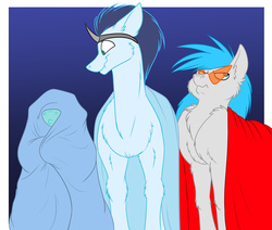 Size: 1279x1083 | Tagged: safe, artist:foxenawolf, fleetfoot, soarin', oc, oc:air mach, pegasus, pony, fanfic:piercing the heavens, g4, blanket, commission, fake horn, fanfic art, glasses, stifling laughter, wonderbolts