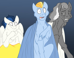 Size: 1279x1005 | Tagged: safe, artist:foxenawolf, high winds, lightning streak, silver lining, silver zoom, pegasus, pony, fanfic:piercing the heavens, g4, cape, clothes, commission, fanfic art, shocked, trio, unamused, wonderbolts