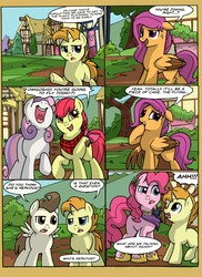 Size: 1440x1980 | Tagged: safe, artist:itstaylor-made, apple bloom, pinkie pie, pound cake, pumpkin cake, scootaloo, sweetie belle, comic:twilight's reign, g4, comic, cutie mark crusaders, neckerchief, nervous, older, older apple bloom, older pound cake, older pumpkin cake, older scootaloo, older sweetie belle