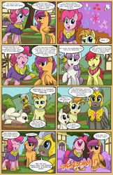 Size: 2200x3400 | Tagged: safe, artist:itstaylor-made, apple bloom, pinkie pie, pound cake, pumpkin cake, scootaloo, sweetie belle, comic:twilight's reign, g4, comic, cutie mark crusaders, high res, neckerchief, older, older apple bloom, older pound cake, older pumpkin cake, older scootaloo, older sweetie belle, royal guard, scootie belle, smoke bomb