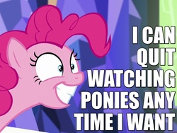 Size: 800x600 | Tagged: safe, screencap, pinkie pie, g4, the one where pinkie pie knows, blatant lies, caption, female, grin, image macro, solo, sweat, text