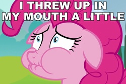 Size: 750x500 | Tagged: safe, screencap, pinkie pie, g4, the one where pinkie pie knows, caption, disgusted, female, floppy ears, image macro, lip bite, nose wrinkle, puffy cheeks, reaction image, scrunchy face, solo, text, unhappy, wide eyes