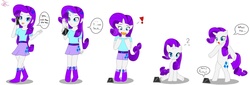 Size: 1538x520 | Tagged: safe, artist:tetokasane-04, rarity, human, pony, unicorn, equestria girls, g4, bipedal, cellphone, dialogue, equestria girls ponified, exclamation point, female, horn, human female, human pony rarity, human to pony, humanized, looking at self, magic, magic aura, mare, open mouth, phone, ponified, question mark, simple background, sitting, smartphone, solo, speech bubble, transformation, transformation sequence, white background