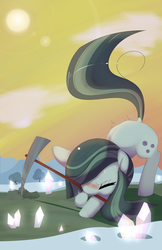 Size: 3300x5100 | Tagged: safe, artist:kryptchild, marble pie, earth pony, pony, g4, hearthbreakers, blushing, cute, eyes closed, female, marblebetes, mare, pickaxe, snow, solo