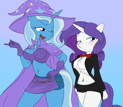 Size: 1186x1041 | Tagged: safe, artist:sandwich-anomaly, rarity, trixie, anthro, g4, bare midriff, belly button, belly piercing, bellyring, blushing, bowtie, cape, cleavage, clothes, embarrassed, evening gloves, female, gloves, hat, lesbian, midriff, open mouth, piercing, rarixie, shipping, wink, wizard hat