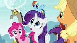 Size: 1280x720 | Tagged: safe, screencap, applejack, discord, pinkie pie, rainbow dash, rarity, g4, what about discord?