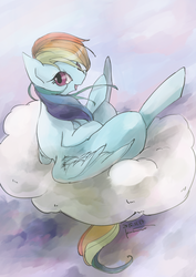 Size: 1200x1697 | Tagged: safe, artist:kuzumori, rainbow dash, pegasus, pony, g4, cloud, female, looking at you, on a cloud, solo
