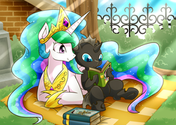 Size: 2120x1500 | Tagged: safe, artist:vavacung, daring do, princess celestia, alicorn, changeling, pony, comic:changeling-scout, g4, blanket, book, cute, cuteling, momlestia, prone, smiling, vavacung is trying to murder us