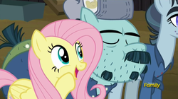 Size: 1904x1067 | Tagged: safe, screencap, fluttershy, hacksaw mccolt, leadnail mccolt, earth pony, pegasus, pony, g4, the hooffields and mccolts, clothes, cute, discovery family logo, eyes closed, facial hair, female, hat, male, mare, mccolt family, moustache, open mouth, shyabetes, stallion, stubble, trio, whispering