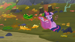 Size: 1903x1067 | Tagged: safe, screencap, twilight sparkle, alicorn, pony, g4, the hooffields and mccolts, book, discovery family logo, female, floppy ears, magic, mare, sad, twilight sparkle (alicorn)