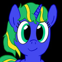 Size: 600x600 | Tagged: safe, artist:treble sketch, oc, oc only, oc:treble sketch, pony, unicorn, black background, c:, cute, looking at you, profile picture, simple background, smiling, solo