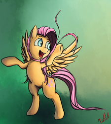 Size: 900x1000 | Tagged: safe, artist:miokomata, fluttershy, pony, g4, bipedal, female, open mouth, signature, solo