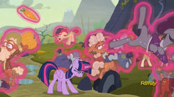 Size: 1904x1067 | Tagged: safe, screencap, big daddy mccolt, burdock hooffield, buzzard hooffield, buzzsaw mccolt, hacksaw mccolt, hilly hooffield, leadnail mccolt, ma hooffield, sprig hooffield, twilight sparkle, alicorn, earth pony, pony, g4, the hooffields and mccolts, carrot, clothes, discovery family logo, eyes closed, female, fight, floppy ears, food, freeze spell, hooffield family, levitation, magic, magic aura, male, mare, mccolt family, pumpkin, stallion, telekinesis, transfixed, twilight sparkle (alicorn)