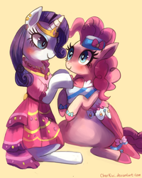 Size: 2500x3132 | Tagged: safe, artist:cherivinca, pinkie pie, rarity, earth pony, pony, unicorn, g4, blushing, clothes, dress, ear piercing, earring, female, gala dress, jewelry, lesbian, mare, necklace, piercing, ship:raripie, shipping, smiling