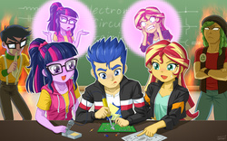 Size: 1350x840 | Tagged: safe, artist:uotapo, flash sentry, microchips, sandalwood, sci-twi, sunset shimmer, twilight sparkle, human, equestria girls, friendship games, g4, :p, angry, blueprint, blueprints, blushing, chalkboard, circuit board, clothes, colored pupils, cringing, cute, electronics, embarrassed, everybody hates flash sentry, female, internal screaming, jacket, jealous, male, nervous, pants, shimmerbetes, soldering, soldering iron, sunset helper, sweat, sweatdrop, tongue out, twiabetes