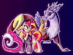 Size: 2987x2244 | Tagged: safe, artist:cihiiro, discord, sunset shimmer, draconequus, pony, unicorn, g4, annoyed, clothes, crack shipping, female, grin, high res, jacket, leather jacket, male, mare, outline, ship:suncord, shipping, straight, traditional art